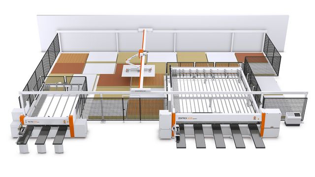 Plattenlagerlösung mit den Druckbalkensägen TECTRA und ZENTREX von HOLZHER